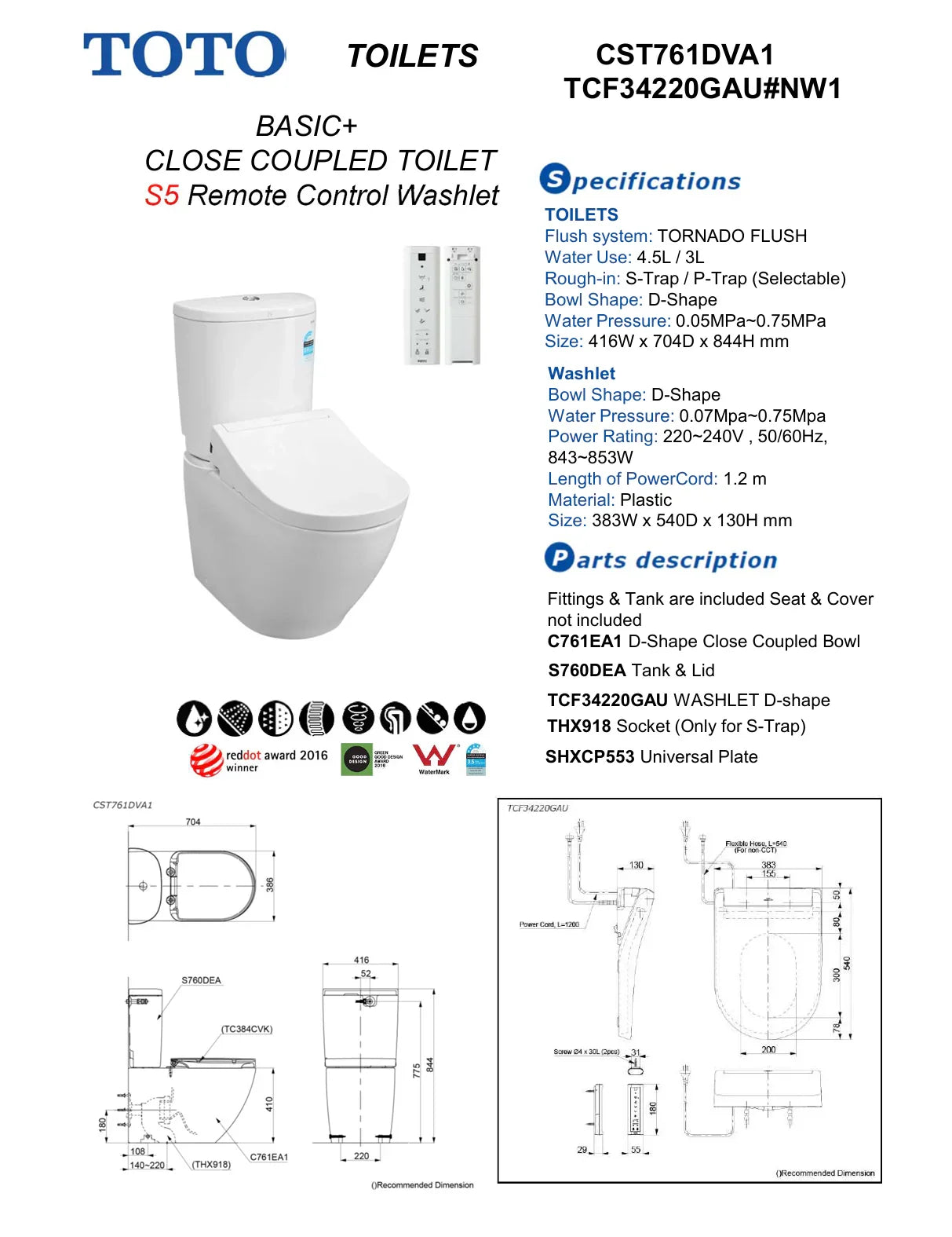 TOTO BASIC+ BACK TO WALL CLOSE COUPLED TOILET WITH S5 Washlet (CST761DVA1_TCF34220GAU)