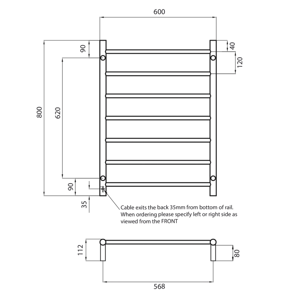 Radiant Heated Round Ladder 600 x 800mm Brushed Bronze, BB-RTR01