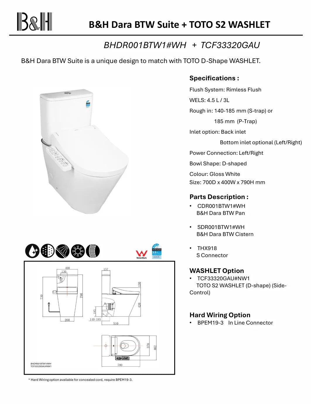 B&H Dara BTW Suite + TOTO S2 WASHLET (BHDR001BTW1#WH + TCF33320GAU)
