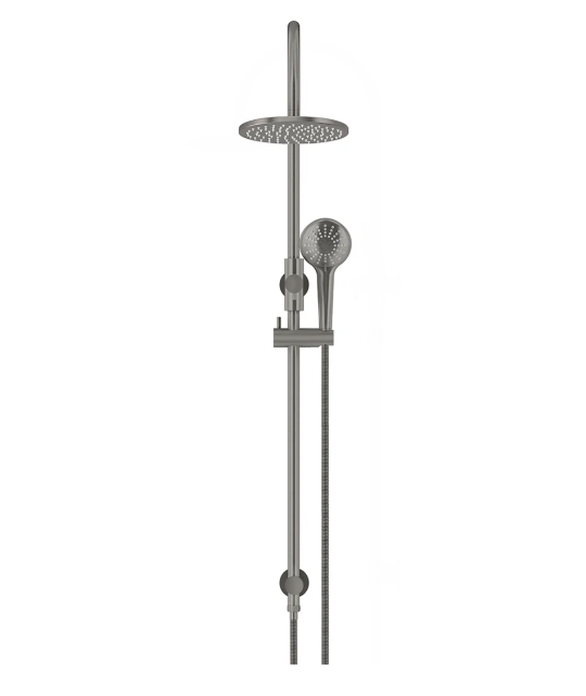 Meir 200mm Round Gooseneck Overhead Shower Rail, Three Function Hand Shower, Shadow