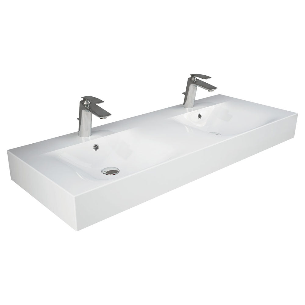 Fienza RAK DES Wall Hung Double Basin 2TH 1210 x 460mm with Overflow, Alpine Gloss White