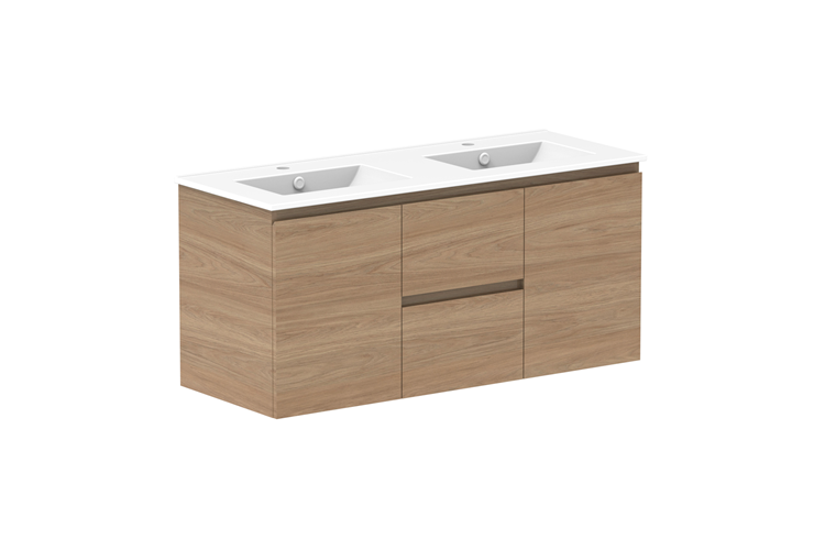 ADP Glacier Door & Drawer Twin Wall Hung Vanity - 1200mm / Ceramic Moulded Top / Double Bowl