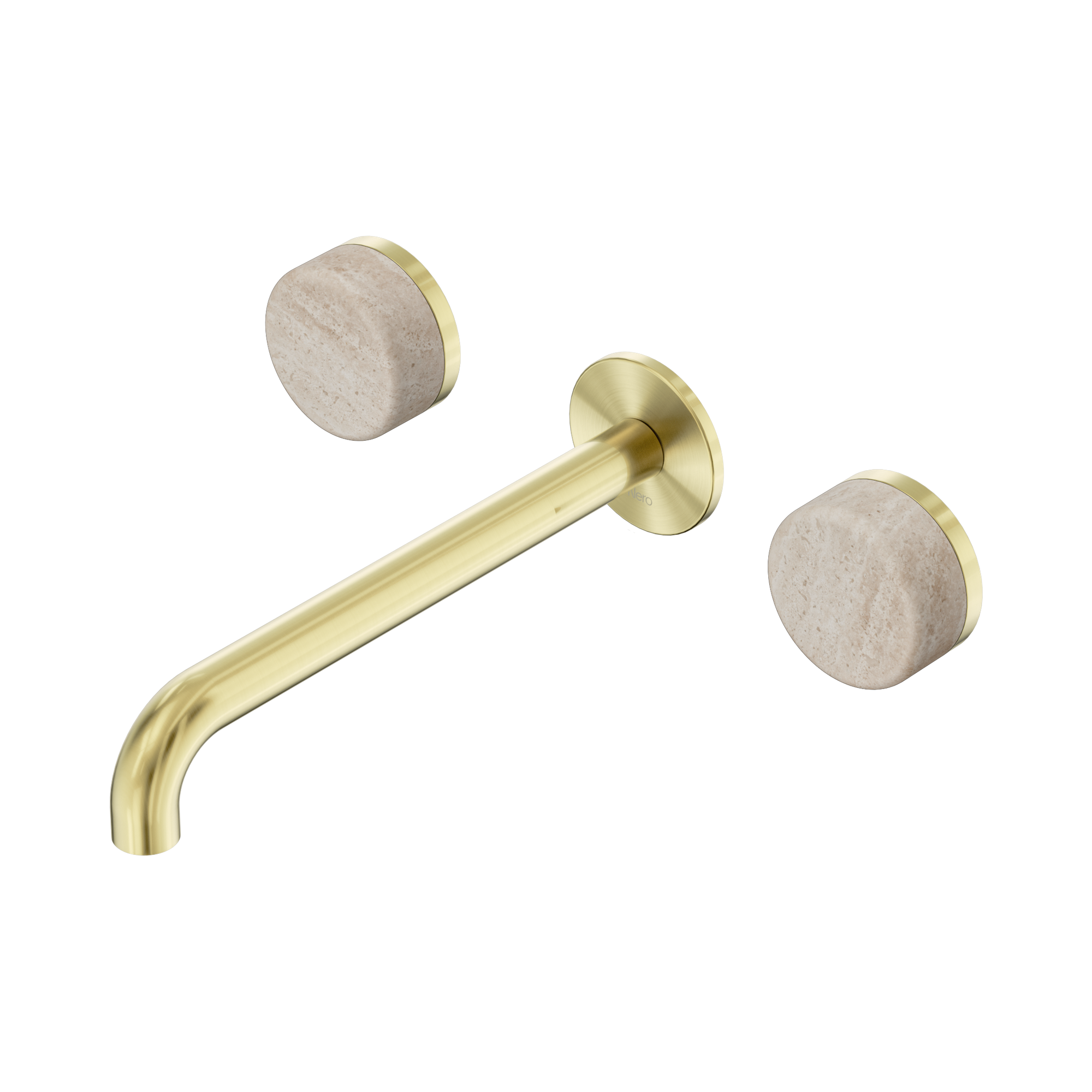 Nero Serenity Wall Basin Set 220mm Spout With Rome Travertine Handle, Brushed Gold