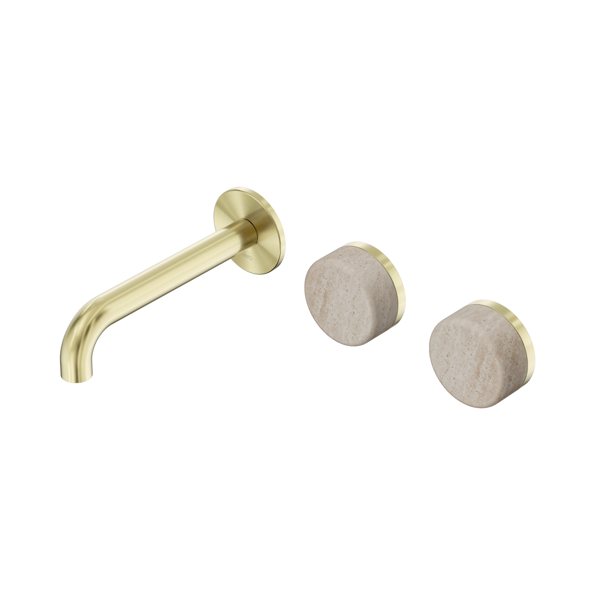 Nero Serenity Wall Basin Set 160mm Offset Spout With Rome Travertine Handle, Brushed Gold