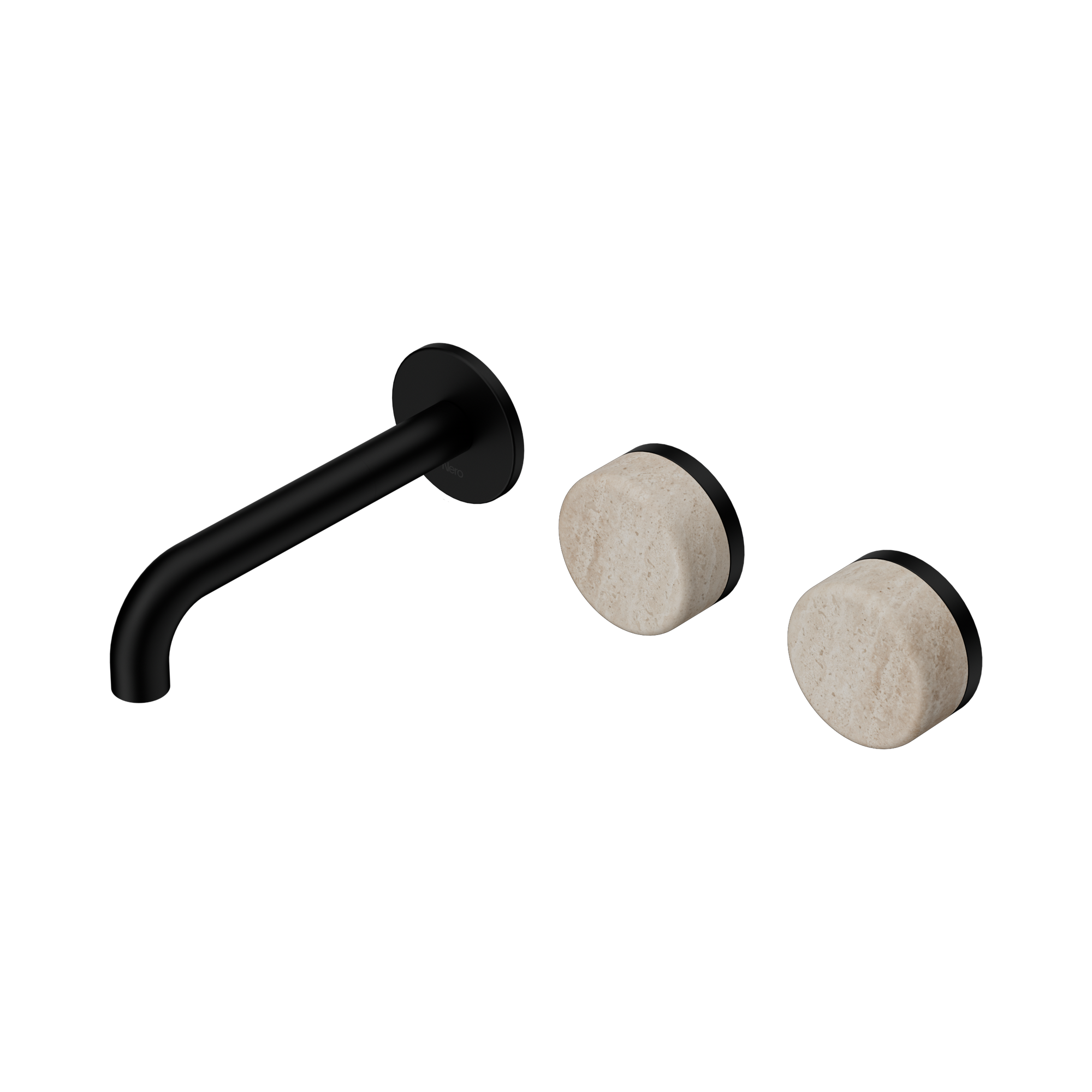 Nero Serenity Wall Basin Set 160mm Offset Spout With Rome Travertine Handle, Matte Black