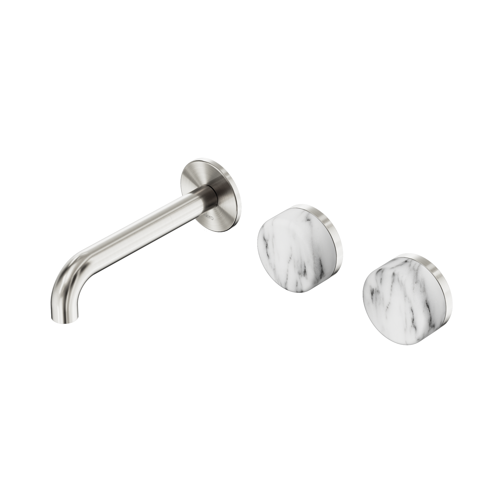 Nero Serenity Wall Basin Set 160mm Offset Spout With Arabescato Corchia Handle, Brushed Nickel