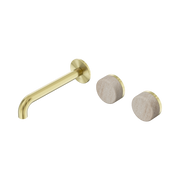 Nero Serenity Wall Basin Set 185mm Offset Spout With Rome Travertine Handle, Brushed Gold