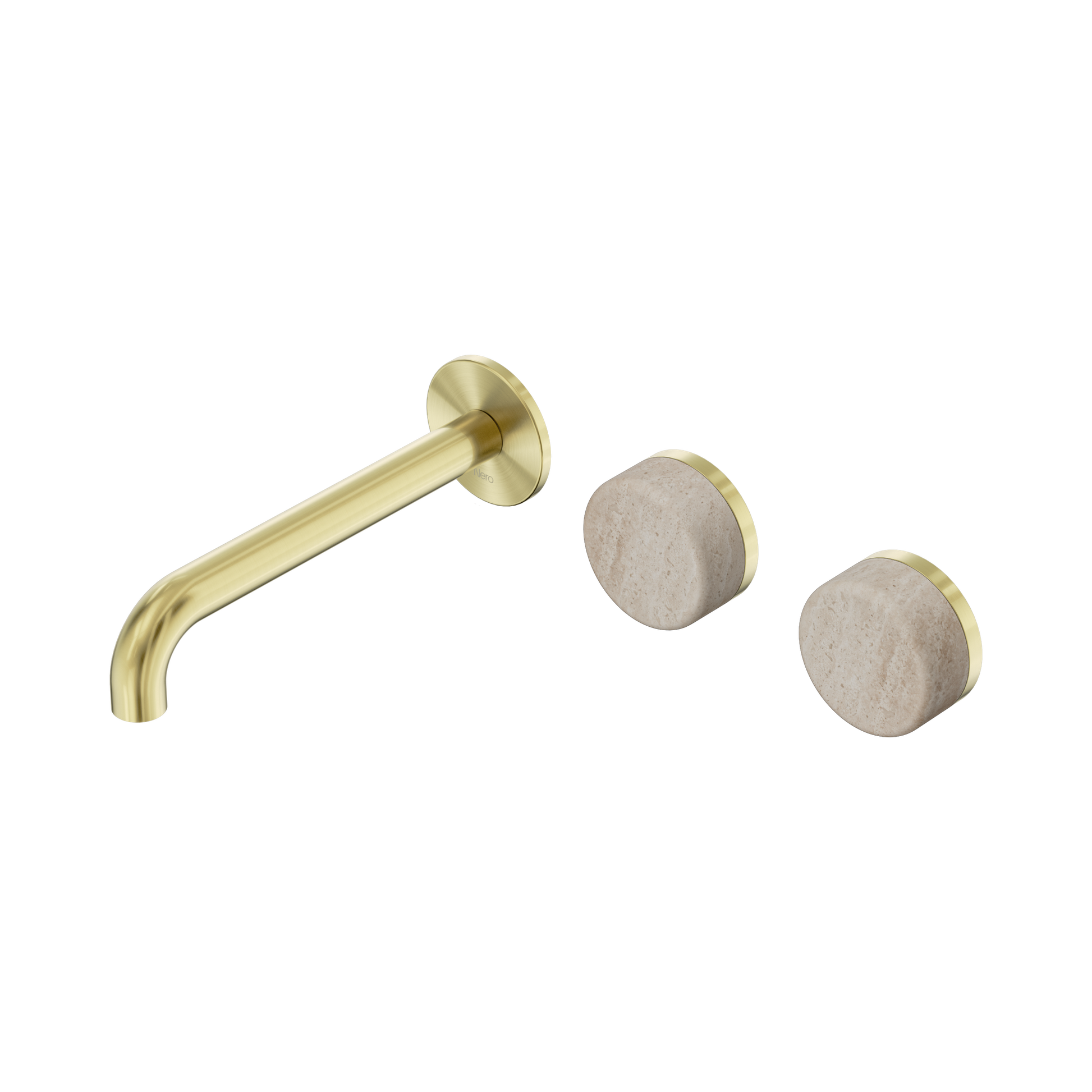 Nero Serenity Wall Basin Set 185mm Offset Spout With Rome Travertine Handle, Brushed Gold