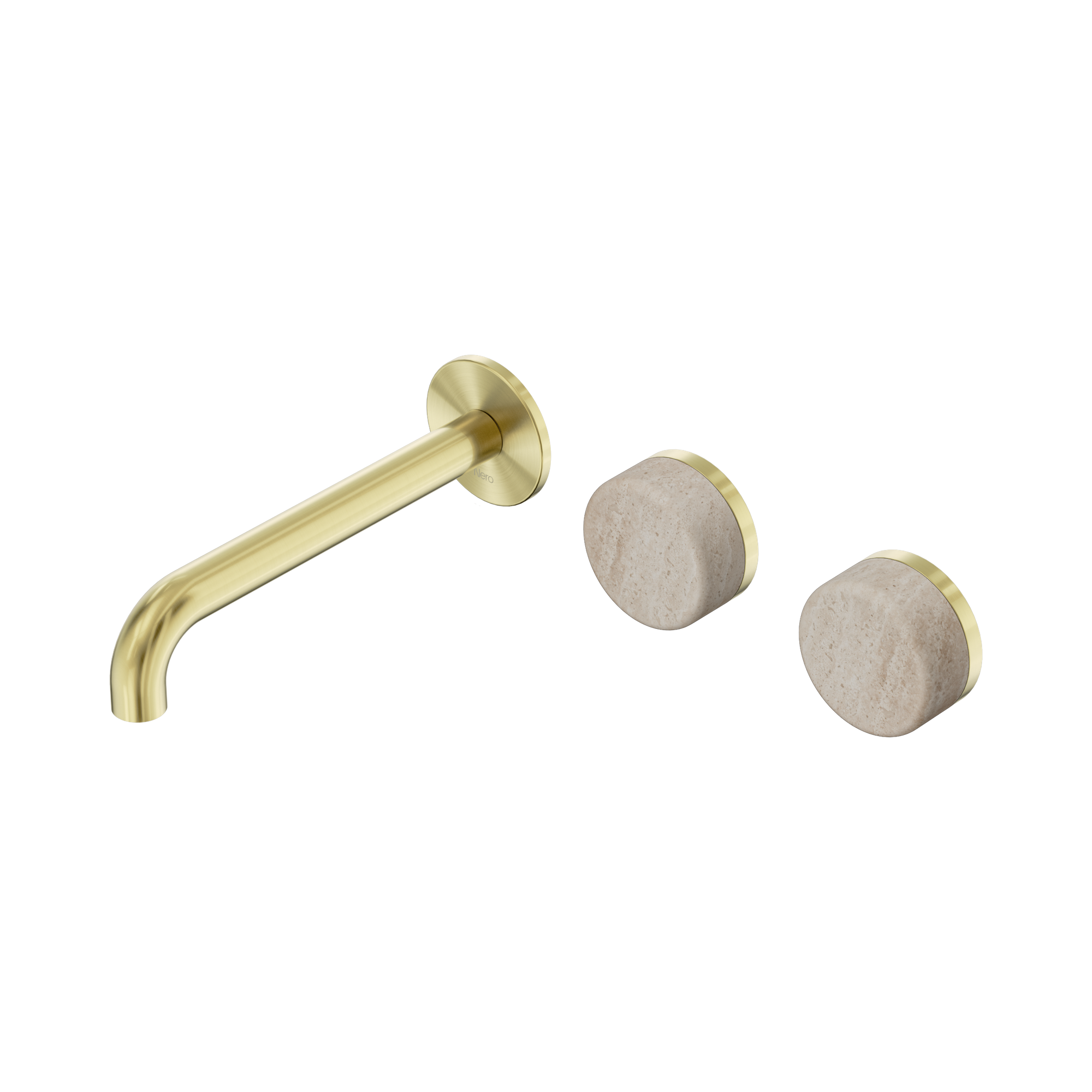 Nero Serenity Wall Basin Set 185mm Offset Spout With Rome Travertine Handle, Brushed Gold