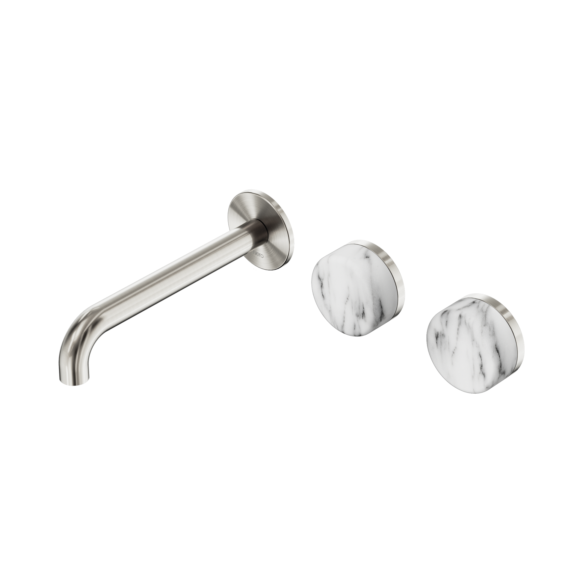 Nero Serenity Wall Basin Set 185mm Offset Spout With Arabescato Corchia Handle, Brushed Nickel