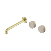 Nero Serenity Wall Basin Set 220mm Offset Spout With Rome Travertine Handle, Brushed Gold