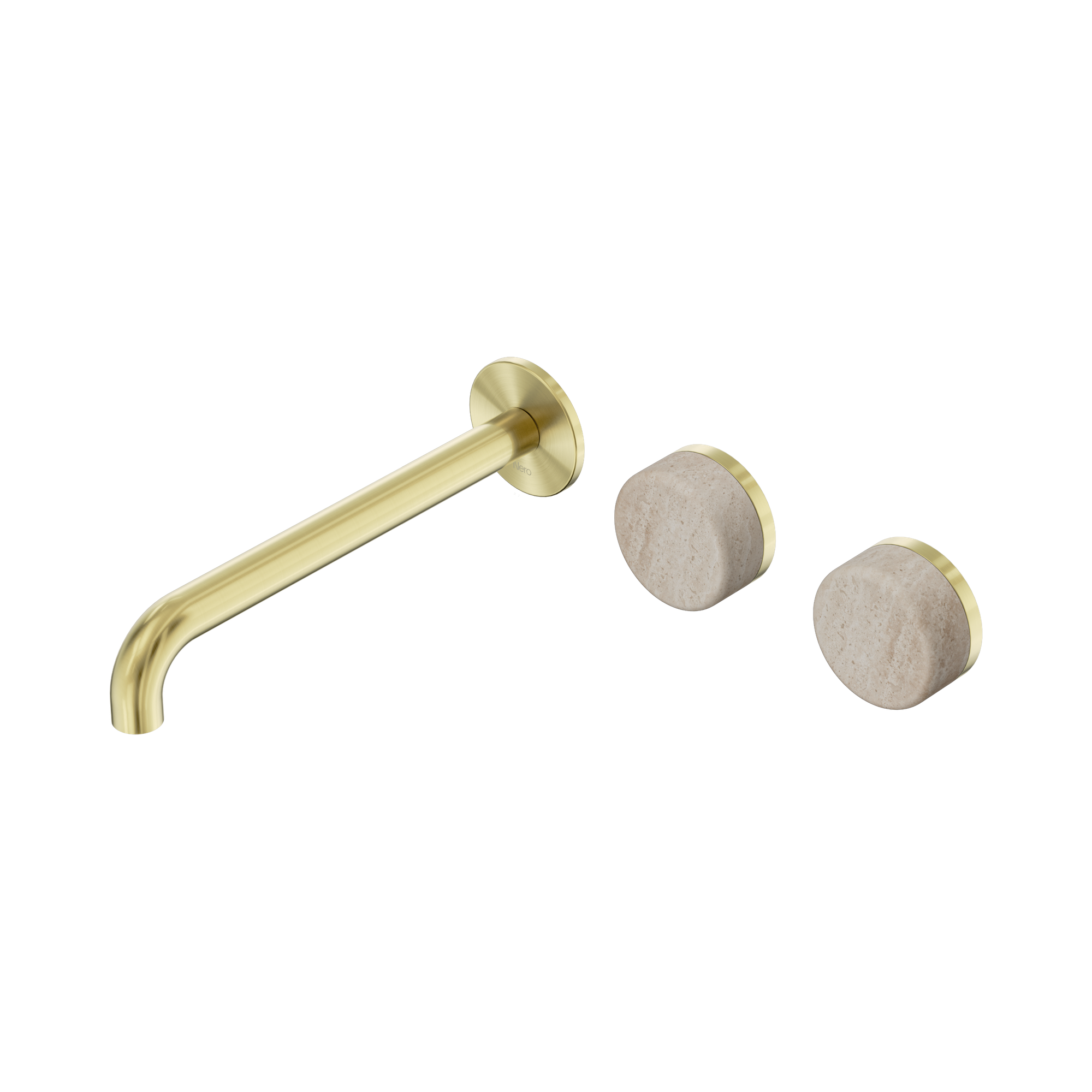 Nero Serenity Wall Basin Set 220mm Offset Spout With Rome Travertine Handle, Brushed Gold