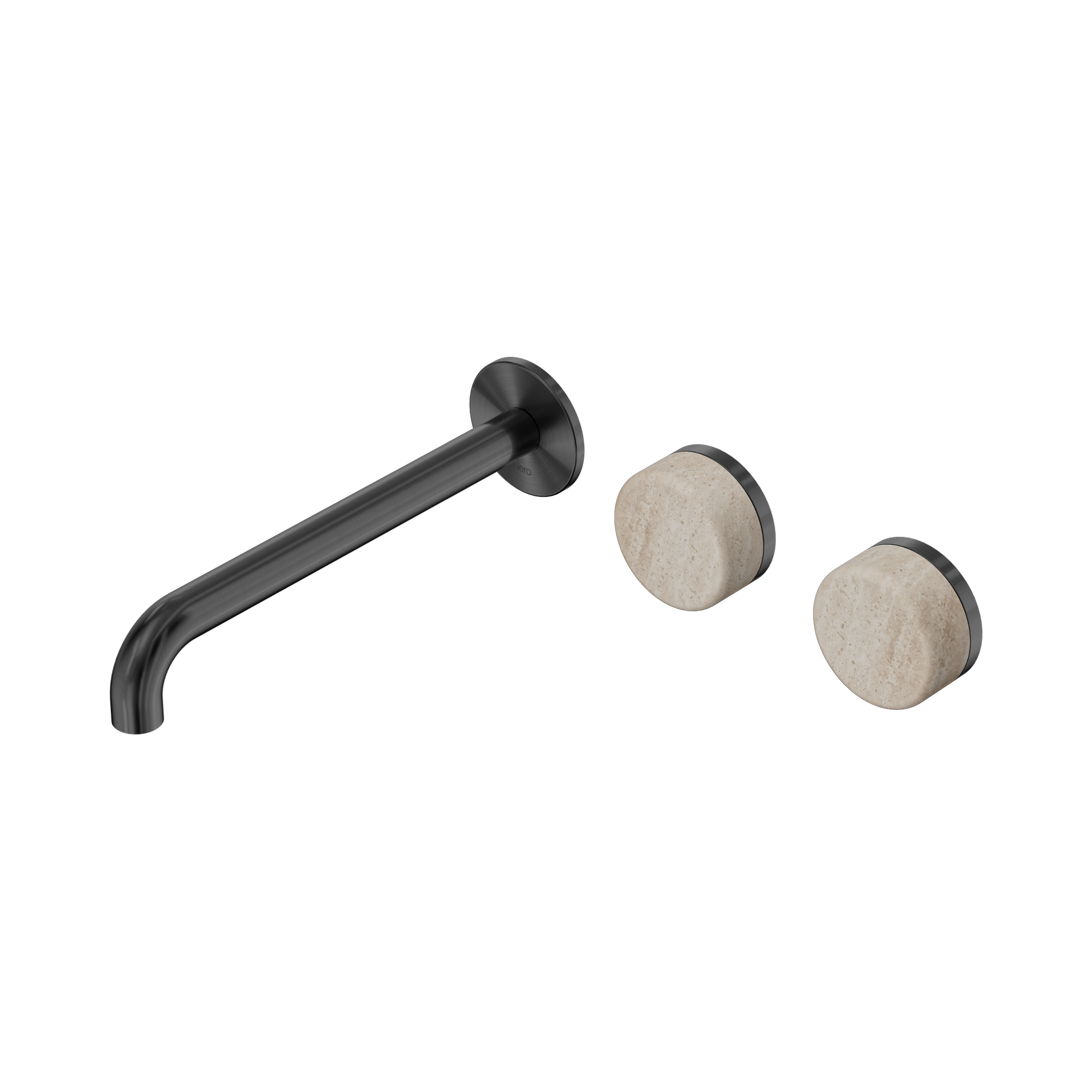 Nero Serenity Wall Basin Set 220mm Offset Spout With Rome Travertine Handle, Gun Metal
