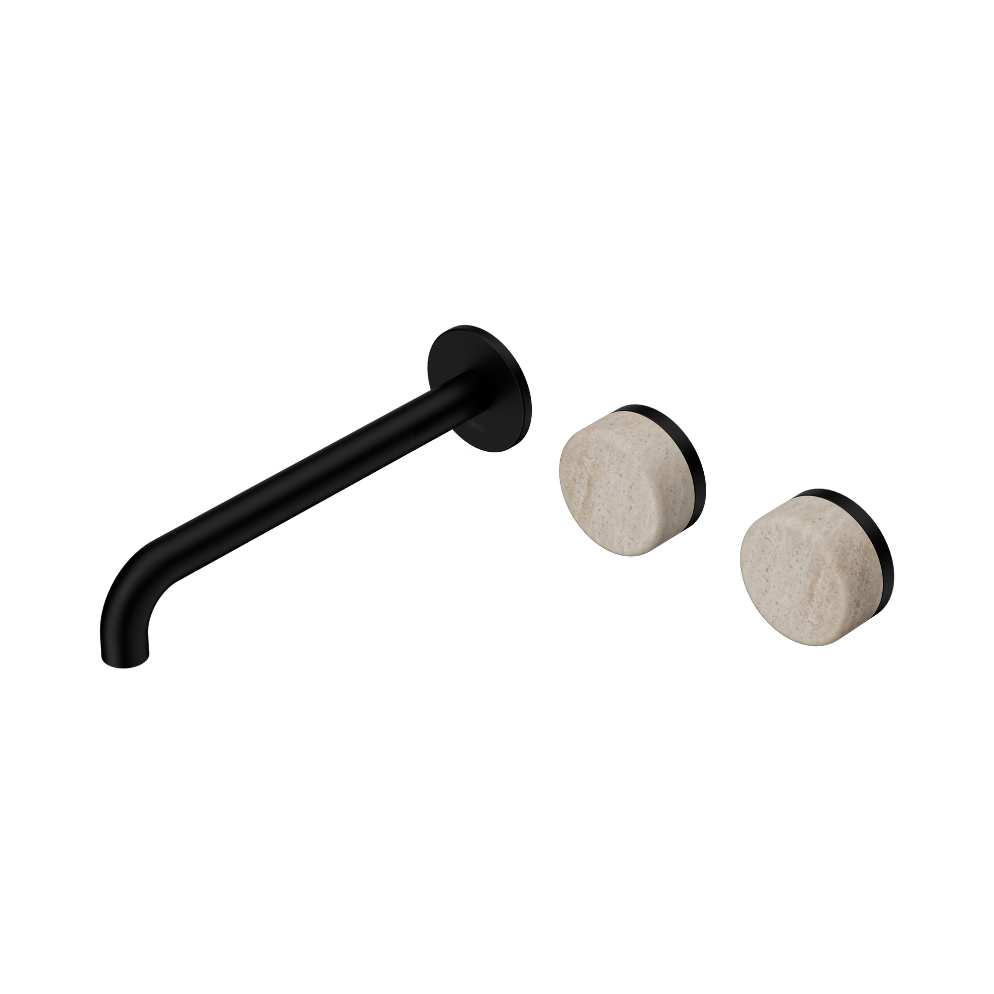 Nero Serenity Wall Basin Set 220mm Offset Spout With Rome Travertine Handle, Matte Black