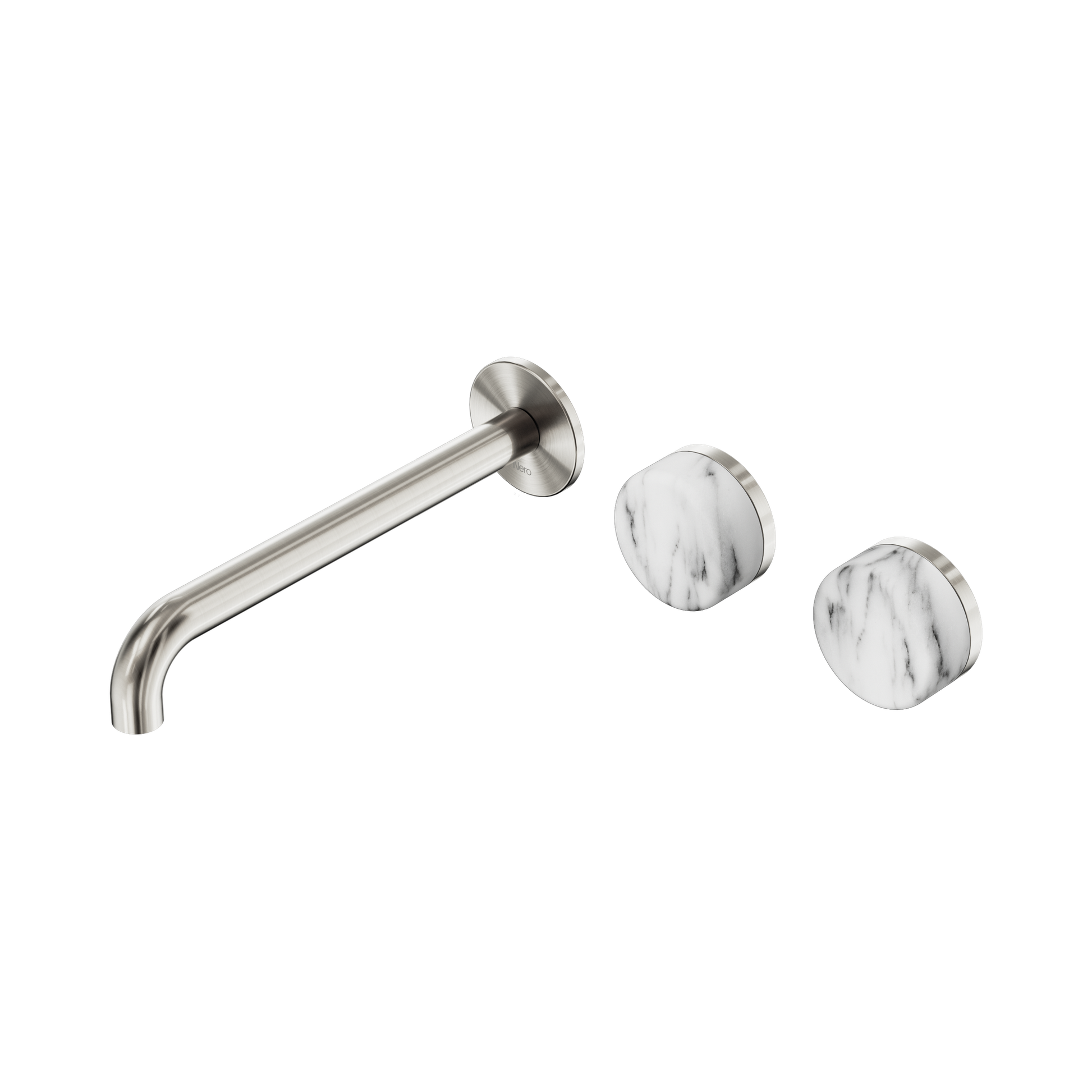 Nero Serenity Wall Basin Set 220mm Offset Spout With Arabescato Corchia Handle, Brushed Nickel