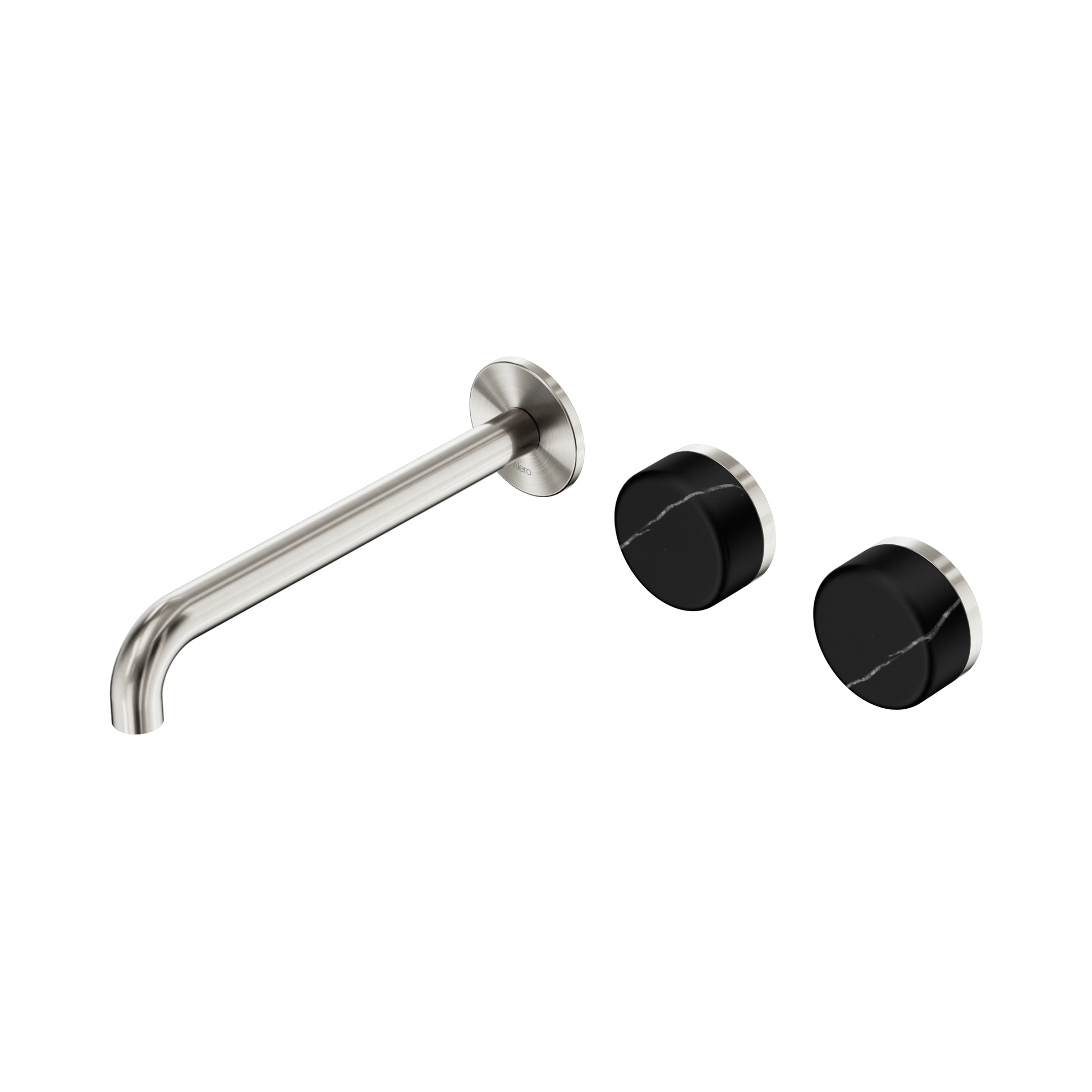 Nero Serenity Wall Basin Set 220mm Offset Spout With Marquina Black Handle, Brushed Nickel