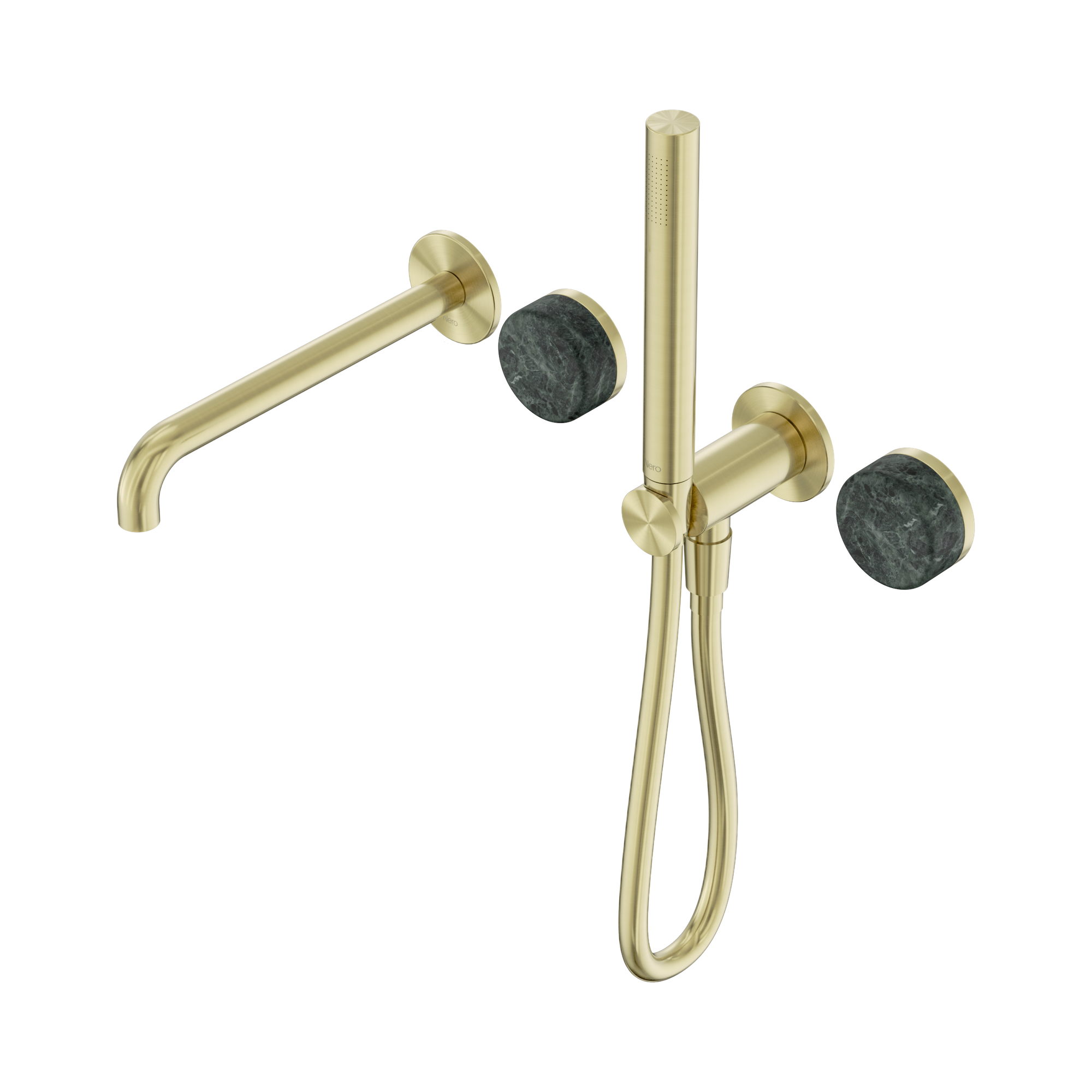 Nero Serenity Progressive Shower System With Spout With Verde Alpi Handle And Slim Shower, Brushed Gold