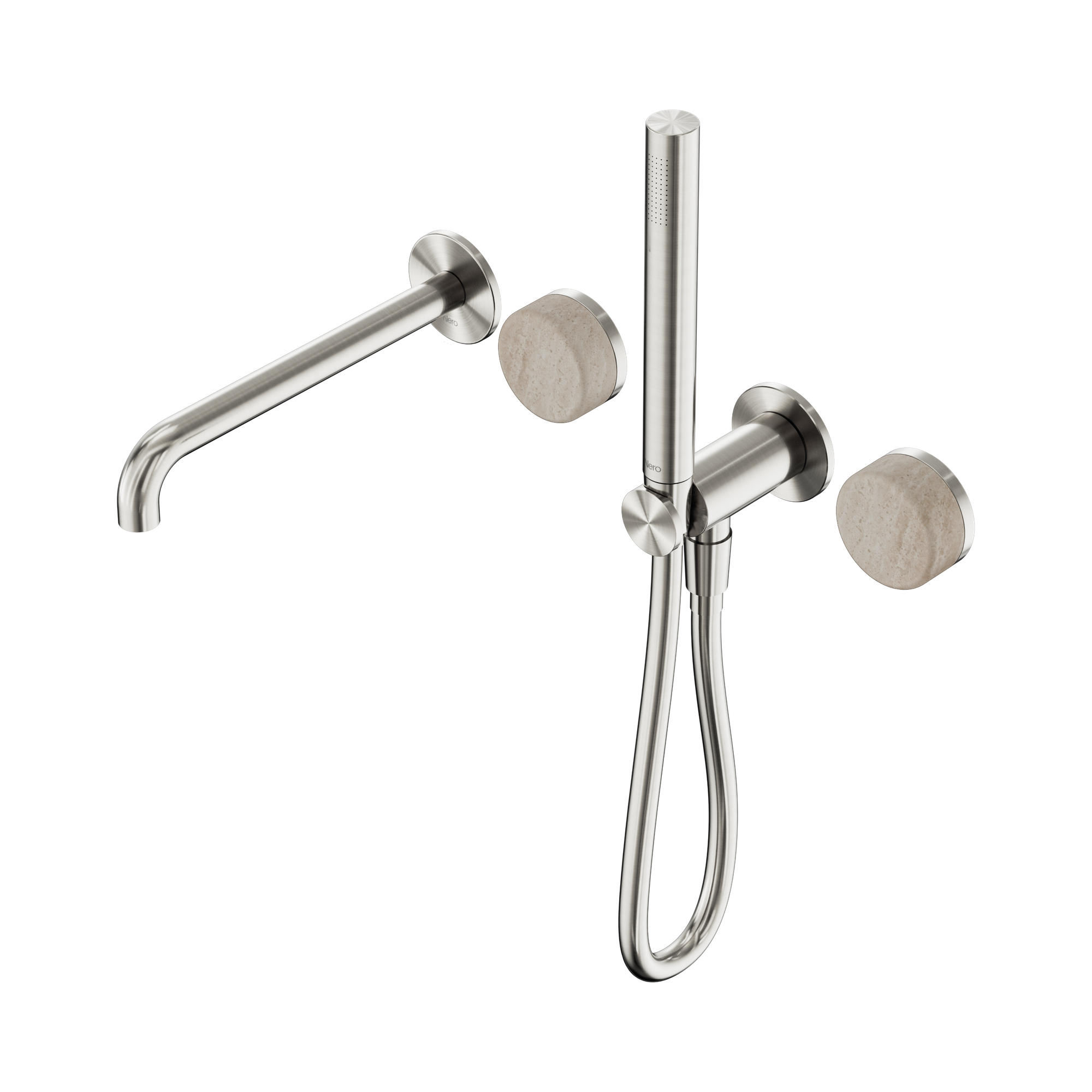 Nero Serenity Progressive Shower System With Spout With Rome Travertine Handle And Slim Shower, Brushed Nickel