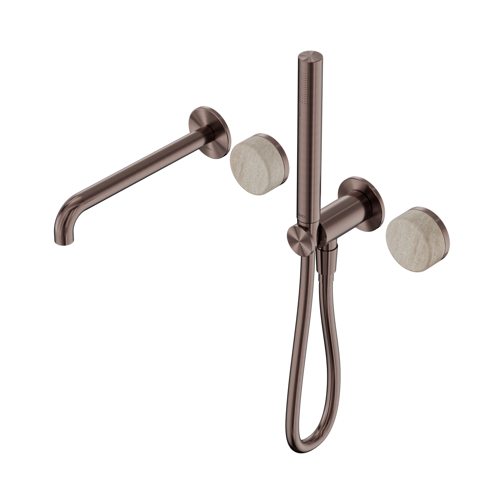 Nero Serenity Progressive Shower System With Spout With Rome Travertine Handle And Slim Shower, Brushed Bronze