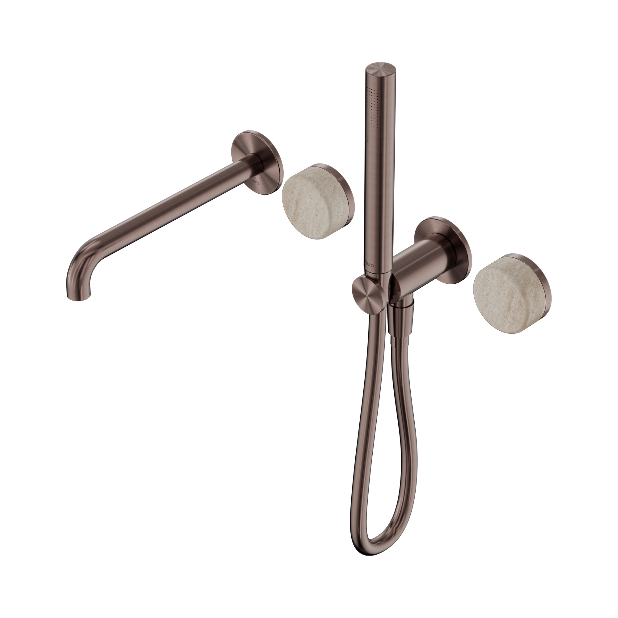Nero Serenity Progressive Shower System With Spout With Rome Travertine Handle And Slim Shower, Brushed Bronze
