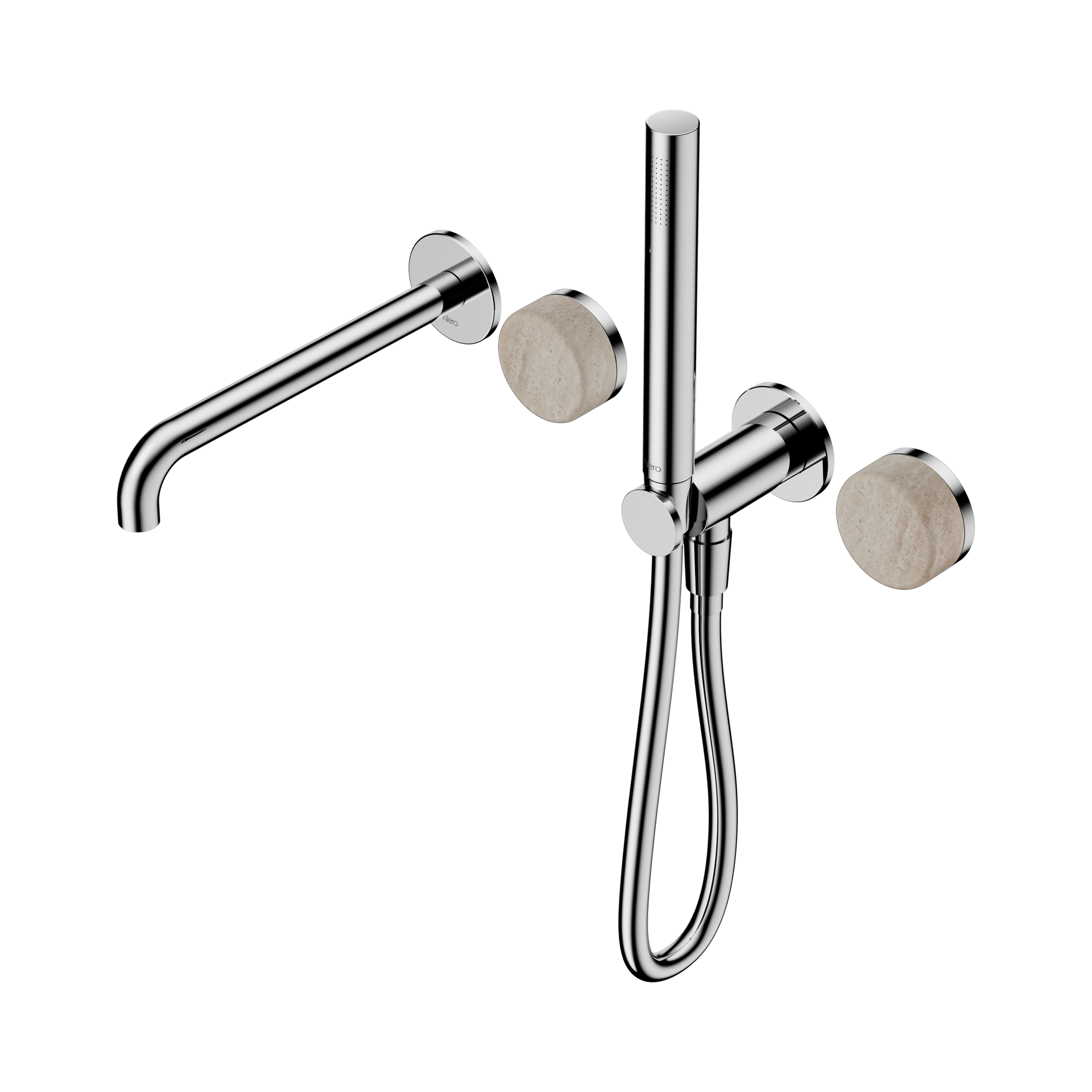 Nero Serenity Progressive Shower System With Spout With Rome Travertine Handle And Slim Shower, Chrome