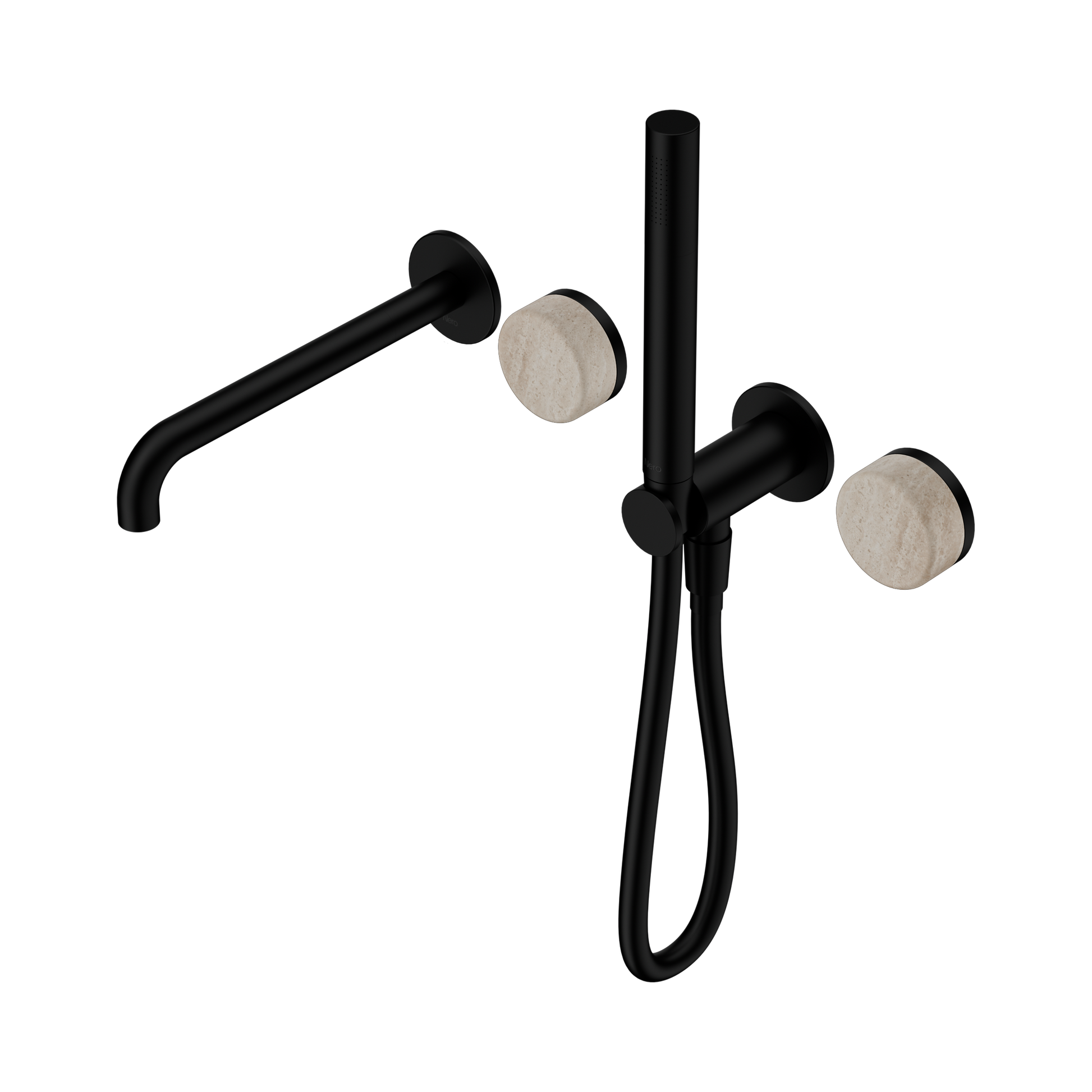 Nero Serenity Progressive Shower System With Spout With Rome Travertine Handle And Slim Shower, Matte Black