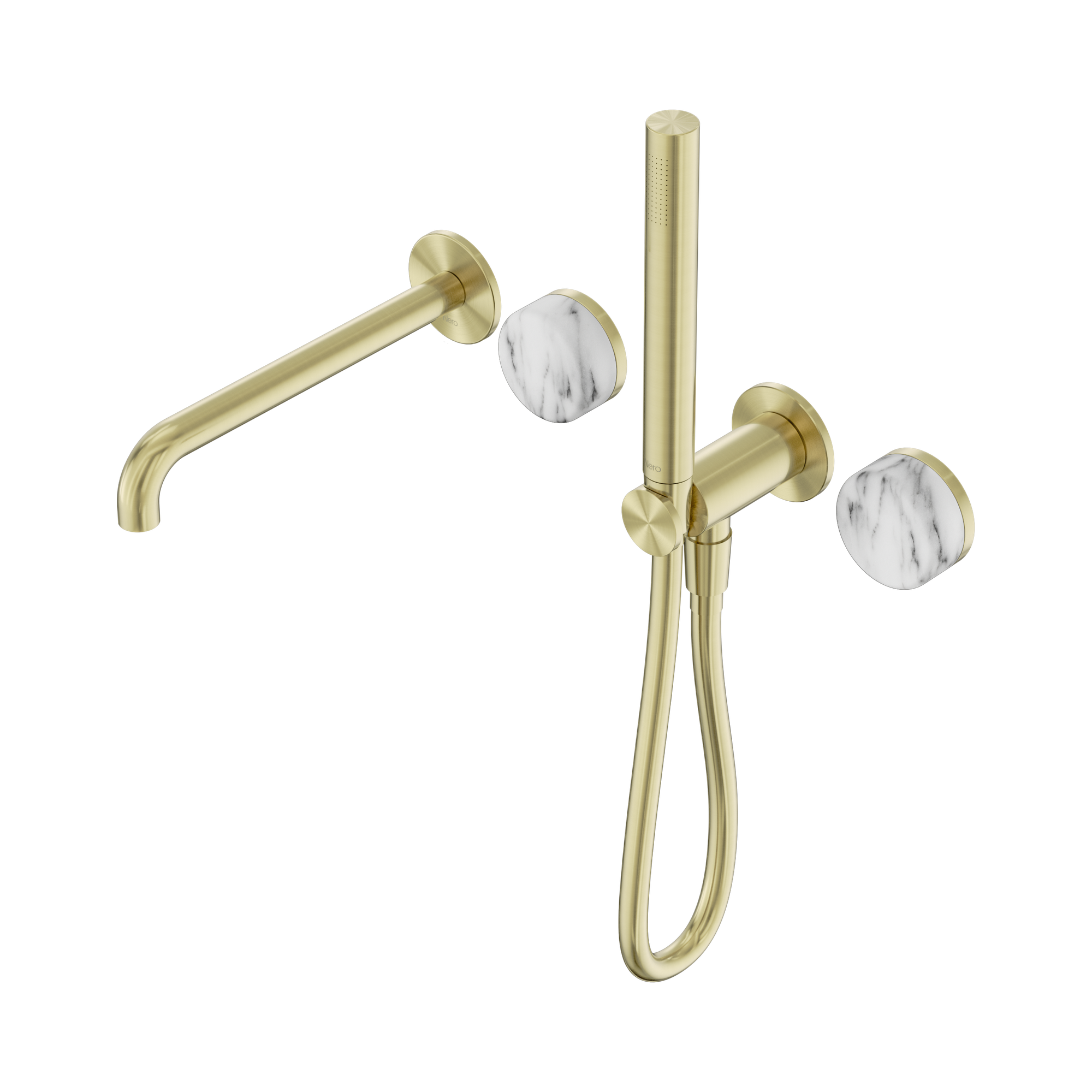 Nero Serenity Progressive Shower System With Spout With Arabescato Corchia Handle And Slim Shower, Brushed Gold