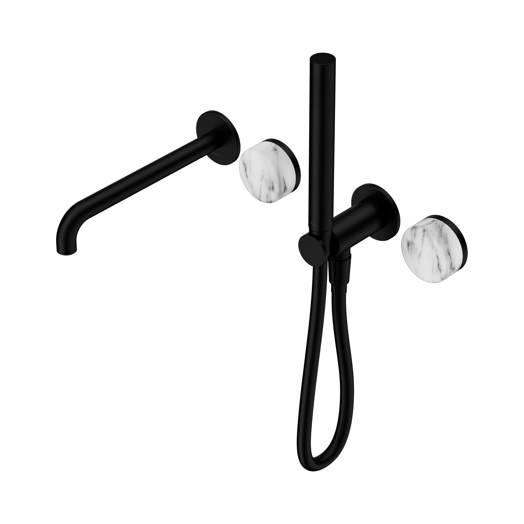 Nero Serenity Progressive Shower System With Spout With Arabescato Corchia Handle And Slim Shower, Matte Black