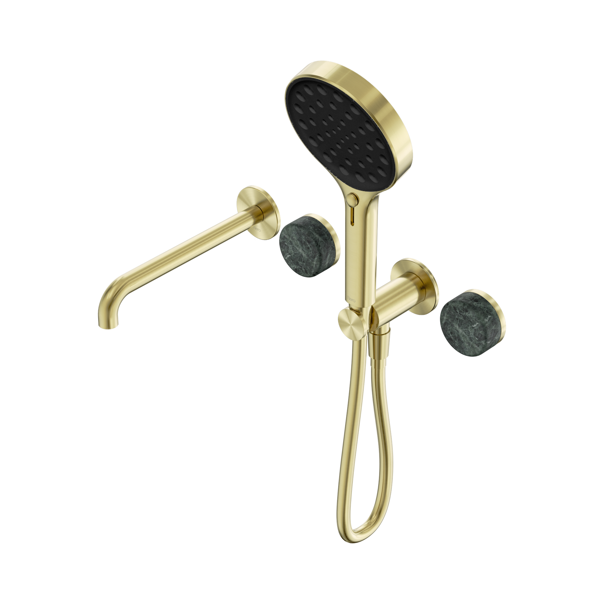 Nero Serenity Progressive Shower System With Spout With Verde Alpi Handle And Serenity Hand Shower, Brushed Gold