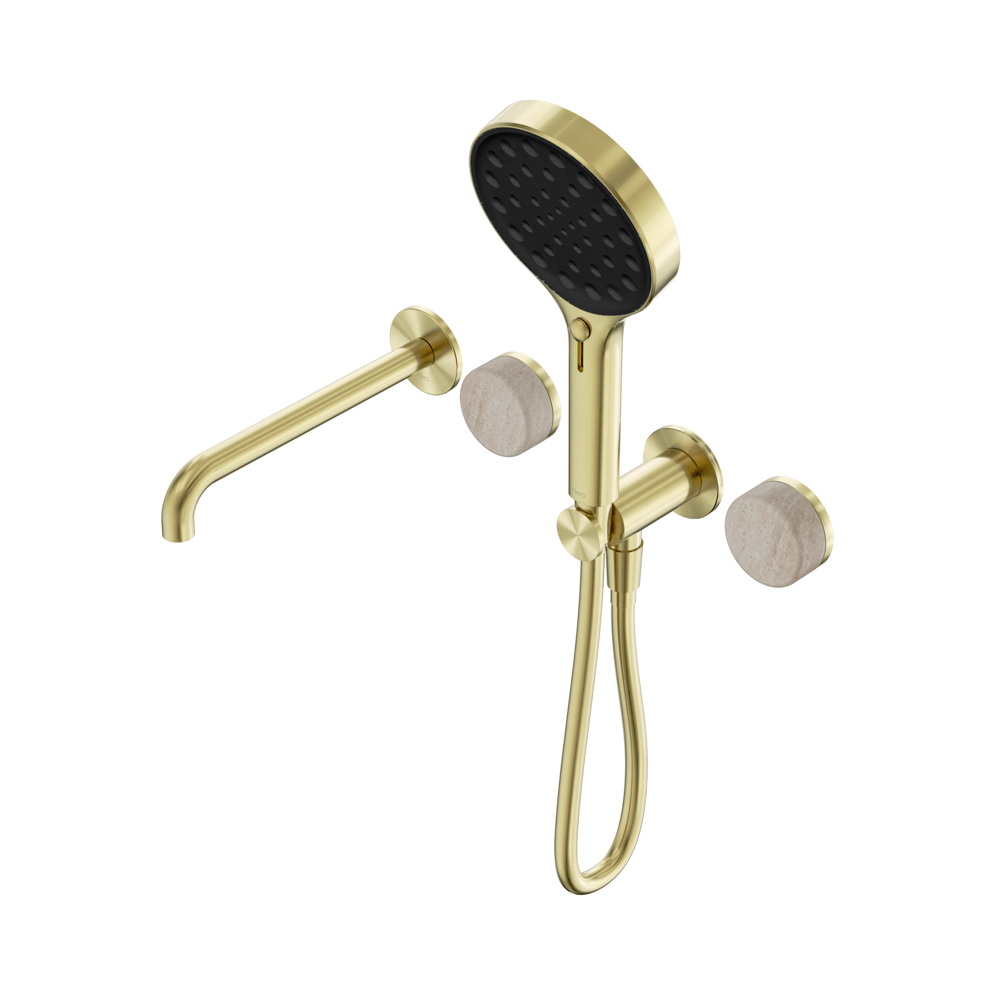 Nero Serenity Progressive Shower System With Spout With Rome Travertine Handle And Serenity Hand Shower, Brushed Gold