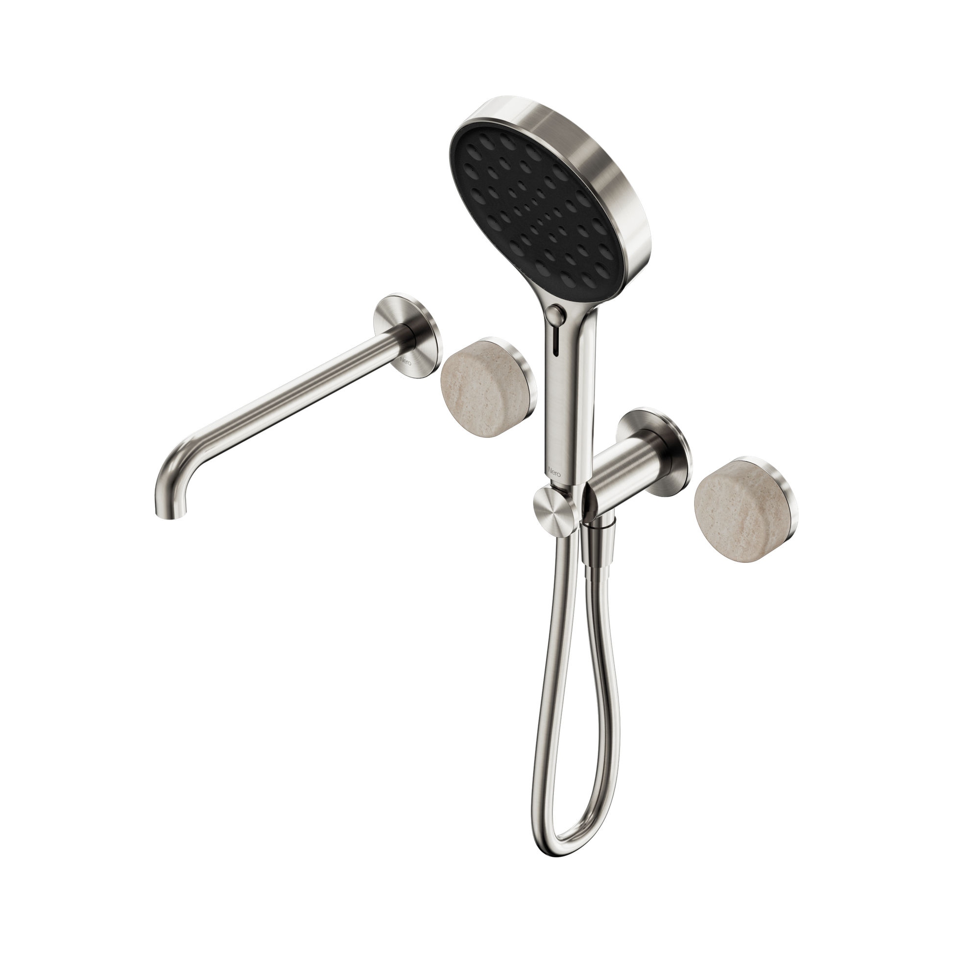 Nero Serenity Progressive Shower System With Spout With Rome Travertine Handle And Serenity Hand Shower, Brushed Nickel