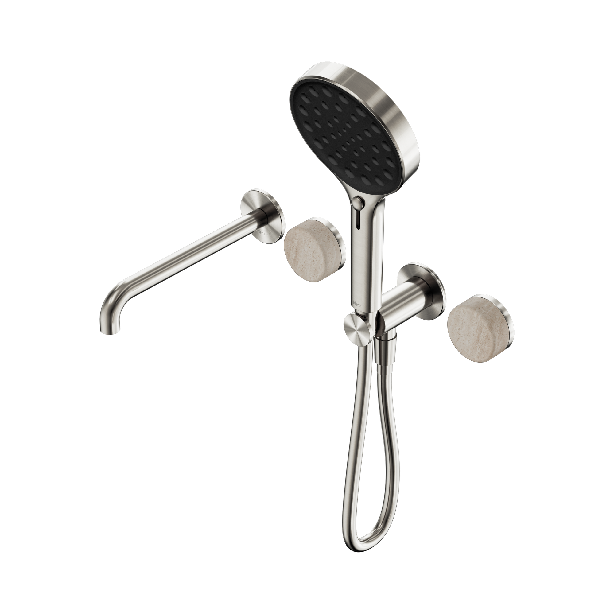Nero Serenity Progressive Shower System With Spout With Rome Travertine Handle And Serenity Hand Shower, Brushed Nickel