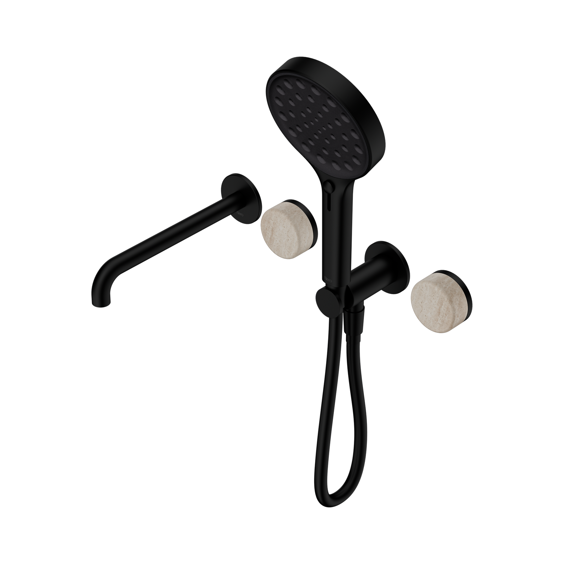 Nero Serenity Progressive Shower System With Spout With Rome Travertine Handle And Serenity Hand Shower, Matte Black