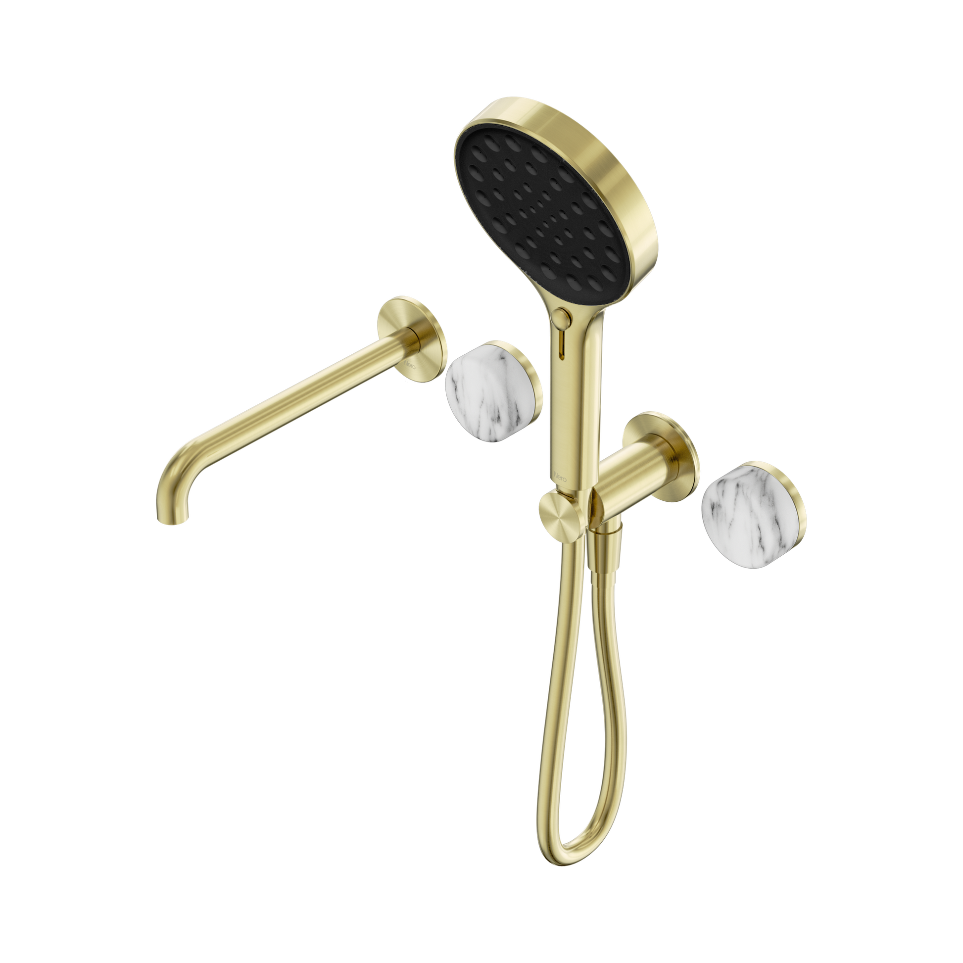 Nero Serenity Progressive Shower System With Spout With Arabescato Corchia Handle And Serenity Hand Shower, Brushed Gold