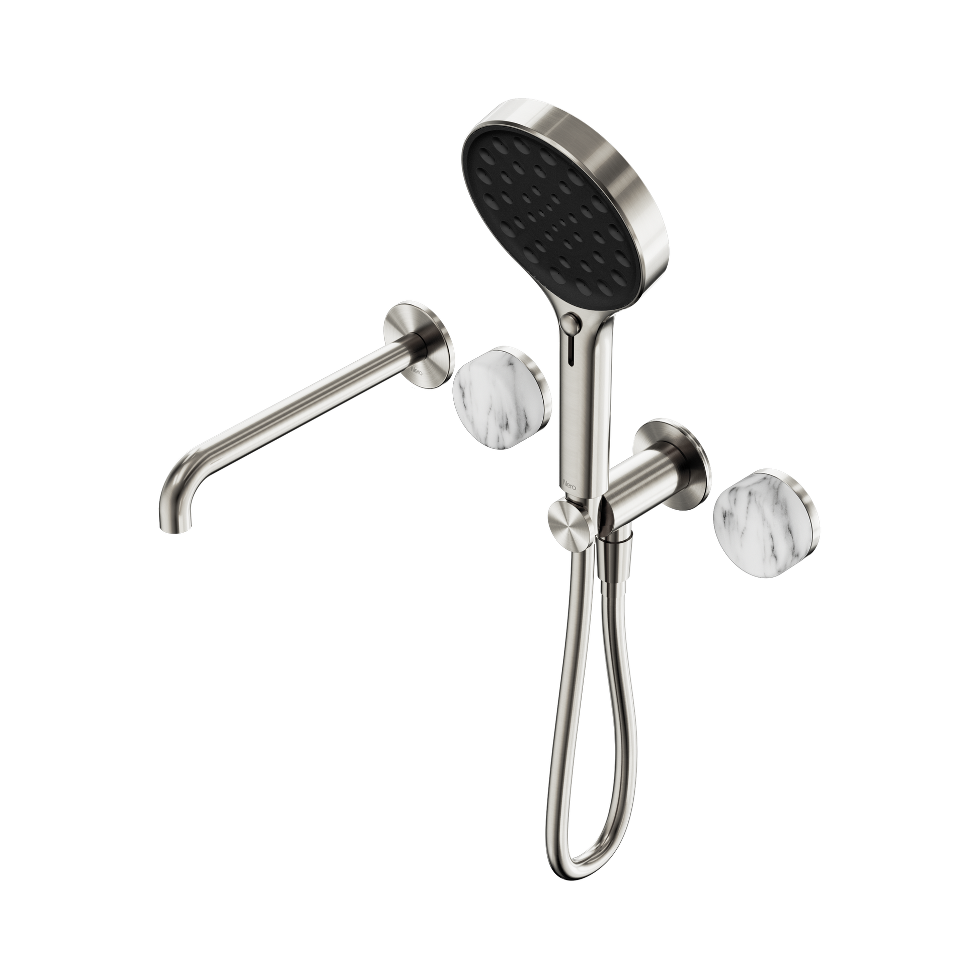 Nero Serenity Progressive Shower System With Spout With Arabescato Corchia Handle And Serenity Hand Shower, Brushed Nickel