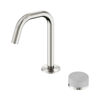 Nero Serenity Progressive Basin Mixer Edge Spout With Carrara Handle, Brushed Nickel
