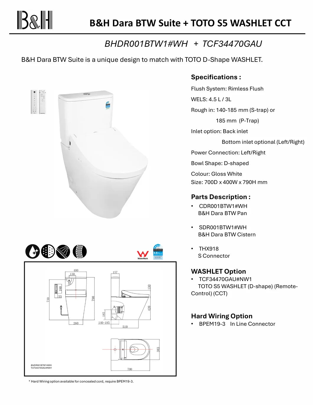 B&H Dara BTW Suite + TOTO S5 WASHLET CCT (BHDR001BTW1#WH + TCF34470GAU)