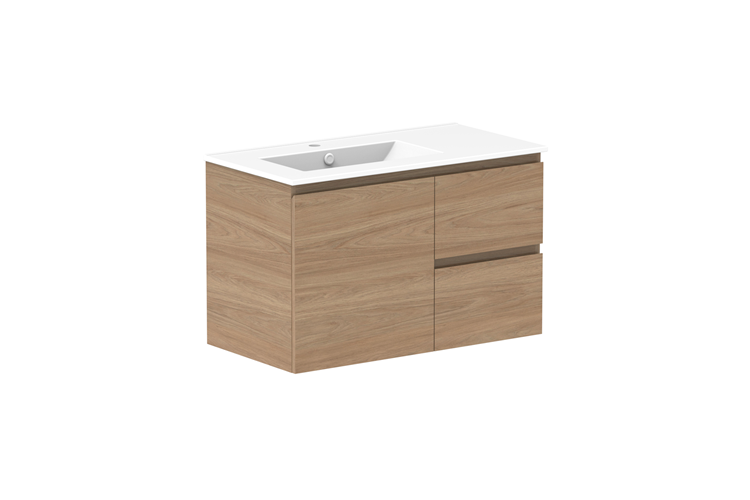 ADP Glacier Door & Drawer Twin Wall Hung Vanity - 900mm / Ceramic Moulded Top / Left Hand Bowl