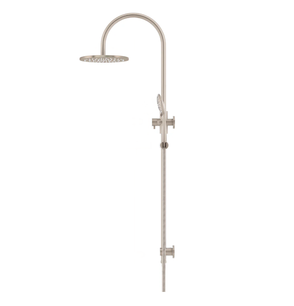 Meir 200mm Round Gooseneck Overhead Shower Rail, Three Function Hand Shower, Champagne