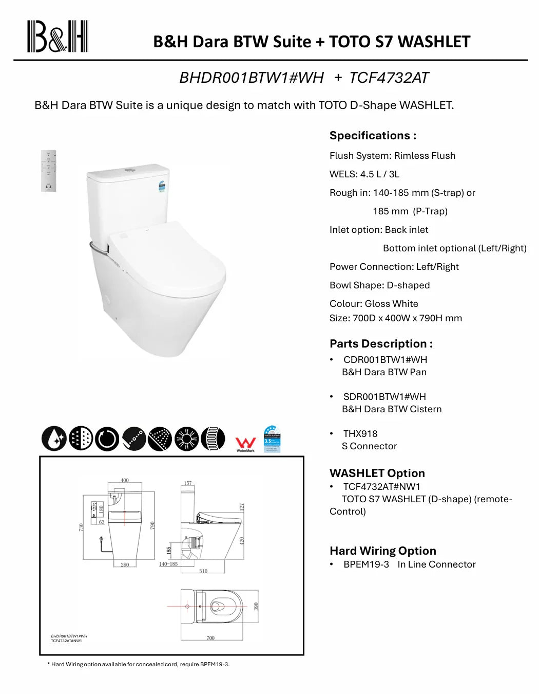 B&H Dara BTW Suite + TOTO S7 WASHLET (BHDR001BTW1#WH + TCF4732AT)