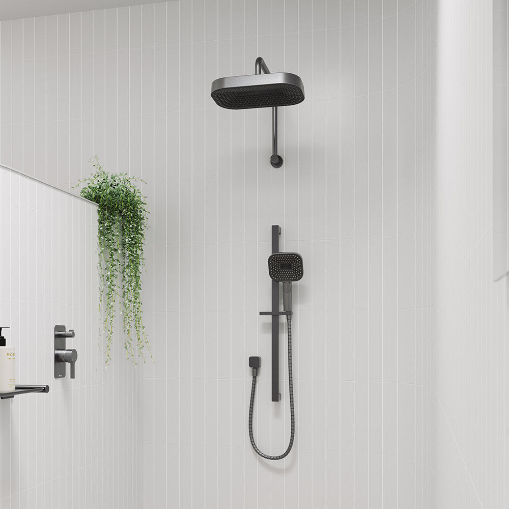 Fienza Kuro Soft Square Shower Head Gooseneck Arm Set, Gun Metal