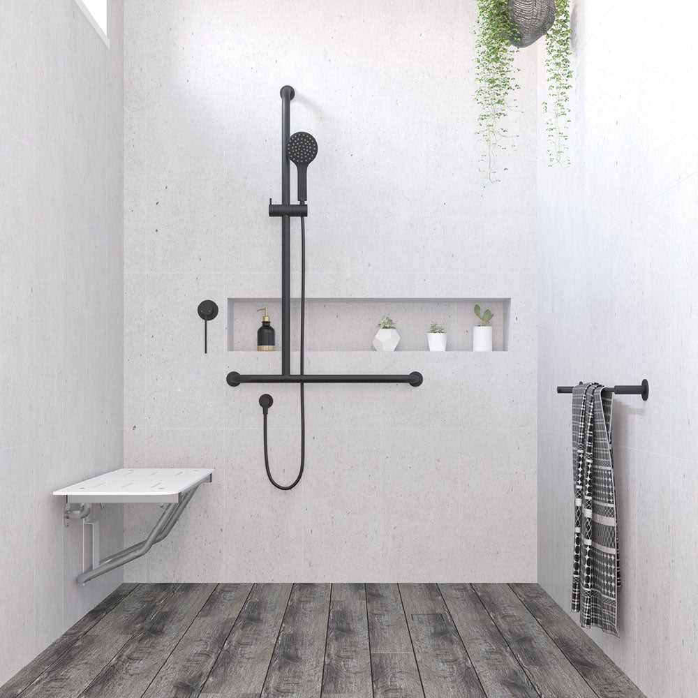Fienza Hustle Care Inverted T Rail Shower Left Hand, Matte Black