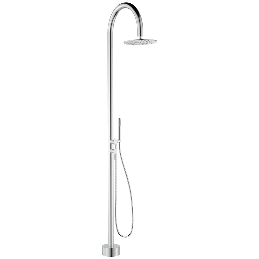 Fienza Kaya Outdoor Twin Shower Set Floor Mounted Inc Mixer 300mm Showerhead, Brushed Stainless Steel