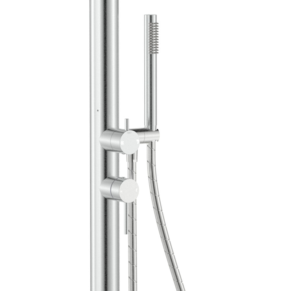 Fienza Kaya Outdoor Twin Shower Set Floor Mounted Inc Mixer 300mm Showerhead, Brushed Stainless Steel