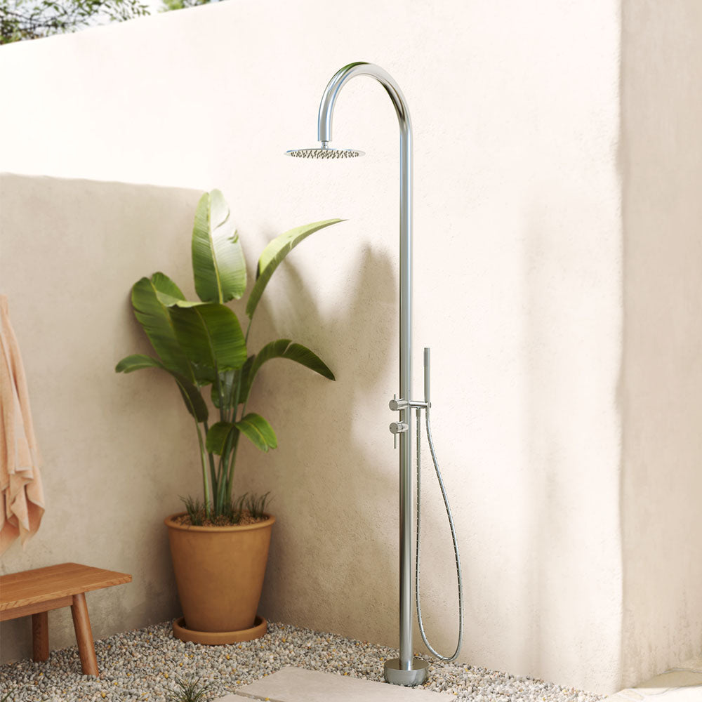 Fienza Kaya Outdoor Twin Shower Set Floor Mounted Inc Mixer 300mm Showerhead, Brushed Stainless Steel
