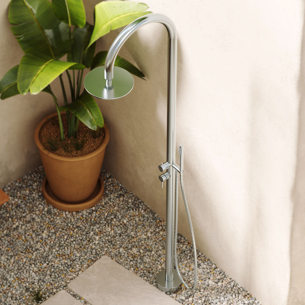 Fienza Kaya Outdoor Twin Shower Set Floor Mounted Inc Mixer 300mm Showerhead, Brushed Stainless Steel