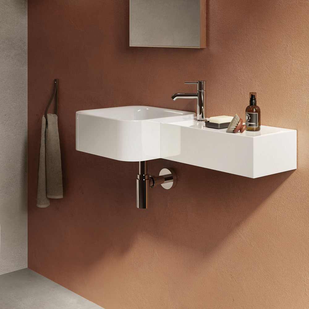 Fienza RAK Petit Wall Hung Basin Squared Bowl Right Ledge 1TH 765 x 360mm with Overflow, Alpine Gloss White
