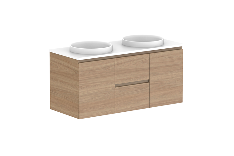 ADP Glacier Door & Drawer Twin Wall Hung Vanity - 1200mm / Stone Benchtop / Double Bowl