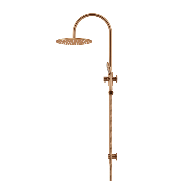 Meir 300mm Round Gooseneck Overhead Shower Rail, Three Function Hand Shower, Lustre Bronze