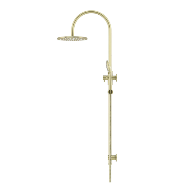 Meir 200mm Round Gooseneck Overhead Shower Rail, Three Function Hand Shower, Tiger Bronze